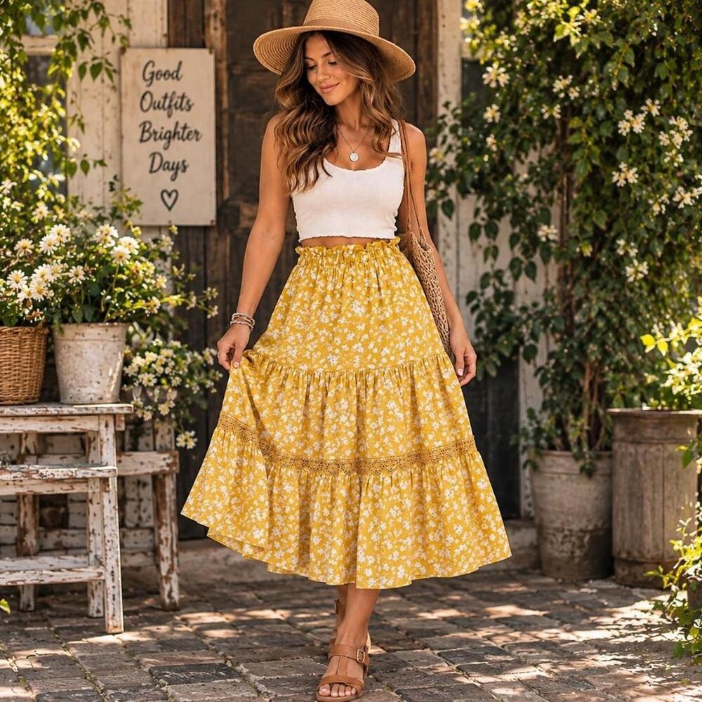 Yellow maxi skirt with white floral print and elastic waist band